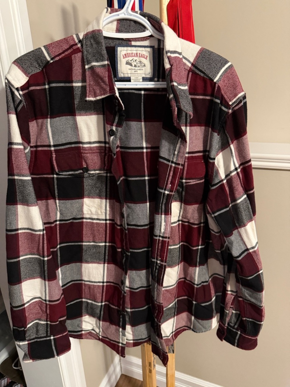 American Eagle Outfitters Maroon Black Gray Plaid Button-Up Shirt